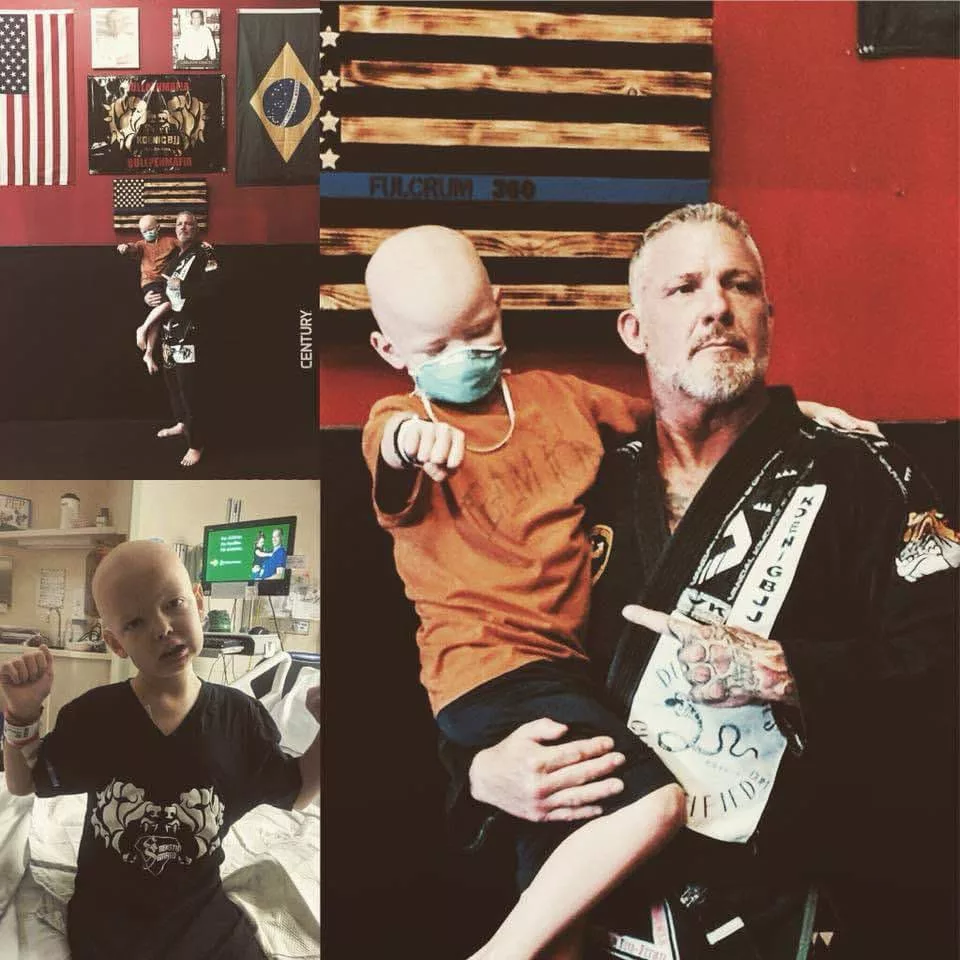 Rick Koenig in his BJJ gi alongside a young cancer patient at the Strength 4:13 gym